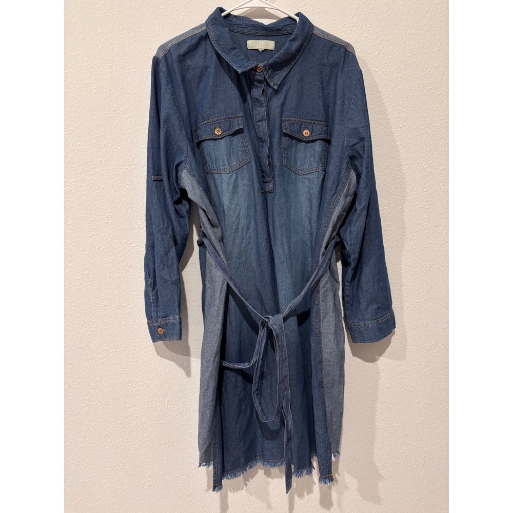 J Gee Denim Dress Womens XL 1X Midi Raw Hem Chambray Two Tone Belted Long Sleeve